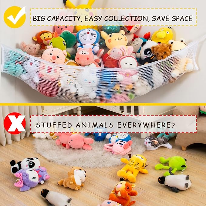 X-Large Stuffed Animal Net Hammock Corner (Fixed Size Min 3’6” Right-angled Corner Space Each Side, Non-Stretchable) Toy Organizer for Plushies Teddy and Squishmallow (White, X-Large)