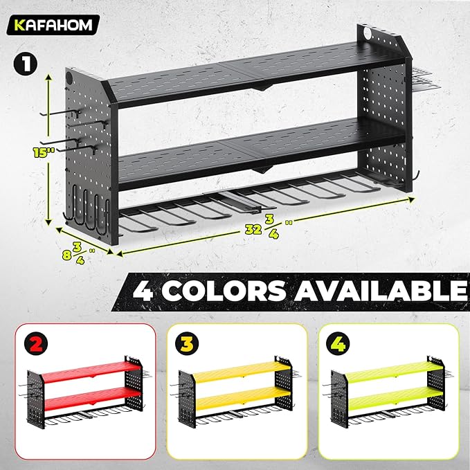 KAFAHOM Power Tool Organizer,Large 8 Drill Holder Wall Mount ,Heavy Duty Metal Tool Shelf with 12 Hooks,Storage Rack for Garage Organization,Utility Cordless Drill Holder and Battery Shelves