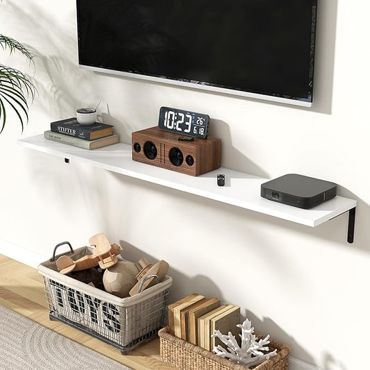 Fun Memories Deep Floating Shelves, 55W x 8D Floating Shelves Set of 2, Wall Mounted Shelf with Metal Brackets, Rustic Wood Wall Shelf for Bathroom, Kitchen and Living Room, White