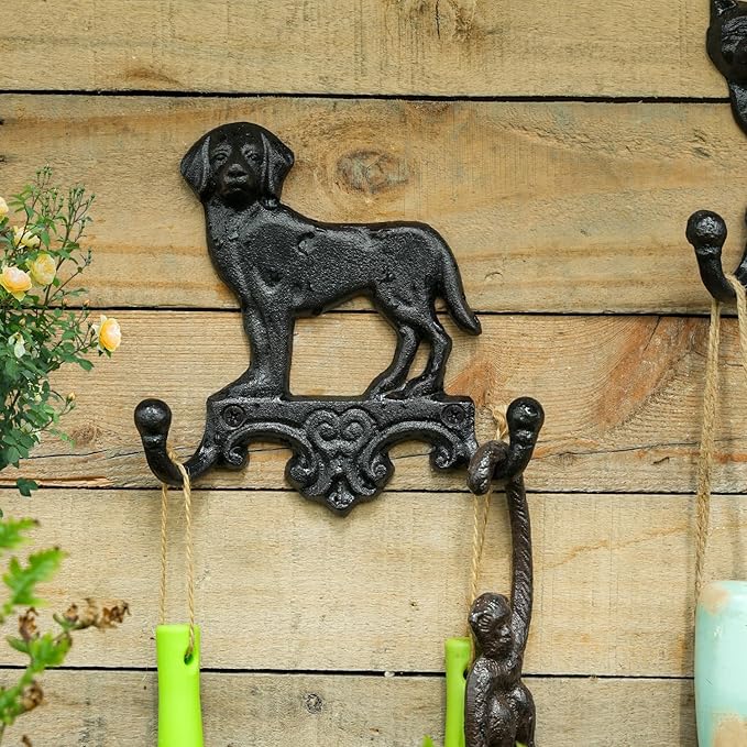 Sungmor Cast Iron Vintage Dog Wall Hooks, Decorative Wall Mounted Coat Hooks, Rustic Heavy Duty Double Hooks Cute Animal Key Hangers for Dog Leashes, Towels, Hats