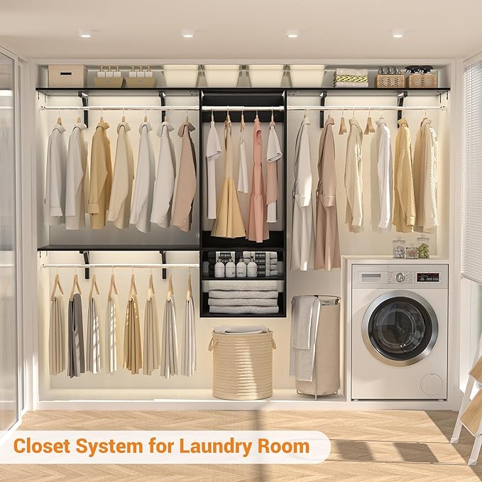 96 Inch Hanging Closet System, 8 FT Closet Organizer System with Hanging Rod, Walk In Mounted Closet System, Built-In Clothes Garment Rack with 3 Shelving Towers(Can Be Cut To Fit), Black