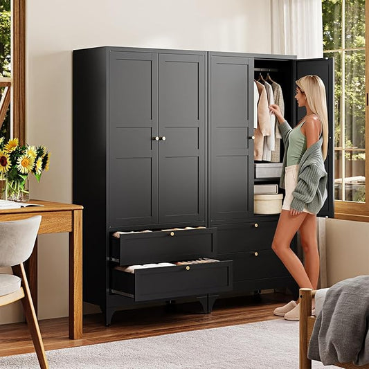 Letaya Metal Wardrobe Cabinets with 2 Drawers,71" Tall Armoire Wardrobe Closet with Doors and Shelves,Large Coat Closet Cabinet with Hanging Rod,Clothing Storage Cabinets for Bedroom,Home Office