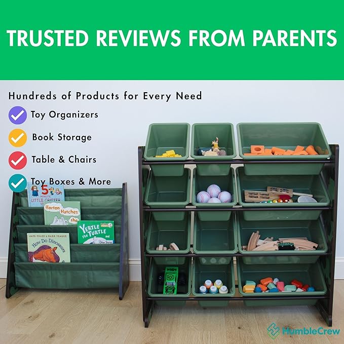 Humble Crew Toy Storage Organizer with Top Shelf and 9 Removable Bins, Camo/Army Green – Toddler Bookshelf with Toy Organizer - Modern Toy Rack Ideal for Kids' Rooms, Playrooms, and Nurseries