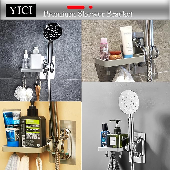 YICI Handheld Shower Head Holder Wall Mount Shower Soap Holder With 3 hook Adjustable Shower Handle Holder Adhesive Shower Hose Holder Shower Bracket (Combination Set(Silver))