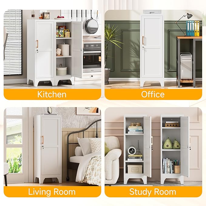 46"H White Metal Pantry Cabinet with 1 Lockable Door and 2 Adjustable Shelves, 3 Tier Small Storage Cabinet with Detachable Legs and Vintage Handle for Kitchen,Home Office,Gym,School,Easy Assembly