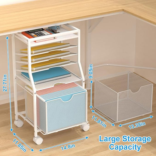 Rolling File Cart, 6-Tier Desk File Organizer on Lockable Wheels, White Wood Planks & Mesh Sliding Hanging Folder Drawer, Organization Cart for Office Home School