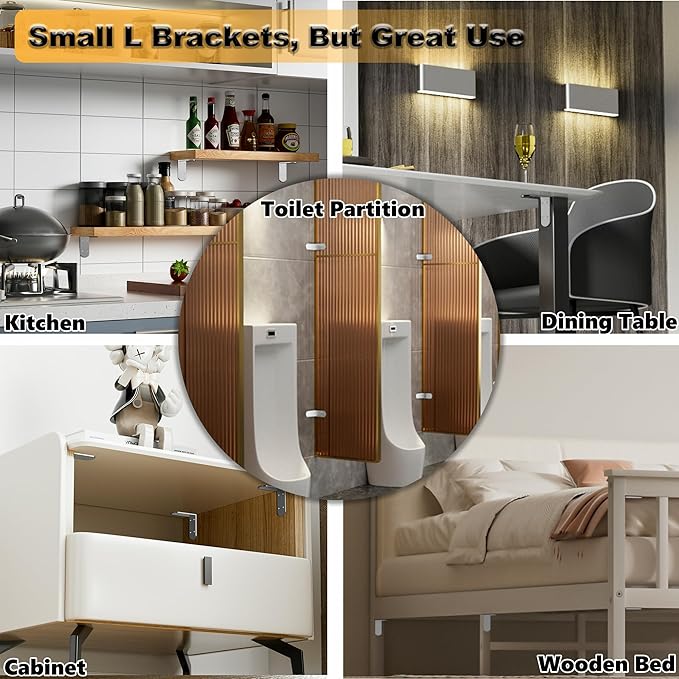 Alise 4Pcs Shelf Brackets White, Stainless Steel Floating Shelf Brackets Corner Brackets, L Brackets for Shelves, 90 Degree Angle Bracket, Heavy Duty Shelf Brackets for Wood Furniture (3.35X3.35 in)