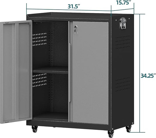 Metal Storage Cabinet with Wheels,34" Rolling Tool Cabinets with Lock&Adjustable Shelves,Locking Utility Cabinet with 1 Door for Garage, Warehouse (Black Grey)