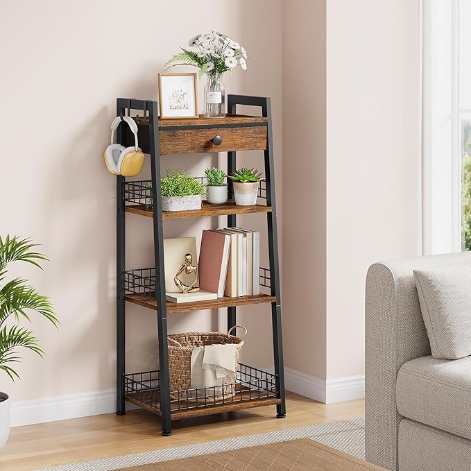 4-Tier Ladder Shelf with Drawer, Bathroom Table Stand for Small Space, Bathroom Standing Shelves with Storage for Living Room Bedroom Kitchen, Organizer Shelf, Rustic Brown