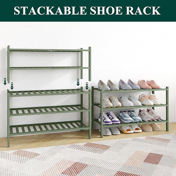 Smiry Bamboo Shoe Rack for Closet, 6 Tier Wooden Stackable Shoe Organizer, Free Standing Shoes Storage Shelf for Entryway, Front Door Entrance, Green