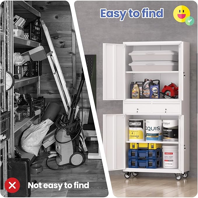 Garvee Metal Storage Cabinet, 73 Inch Garage Storage with Locking Doors and Adjustable Shelves, Heavy Duty Tool Cabinet with 2 Drawers