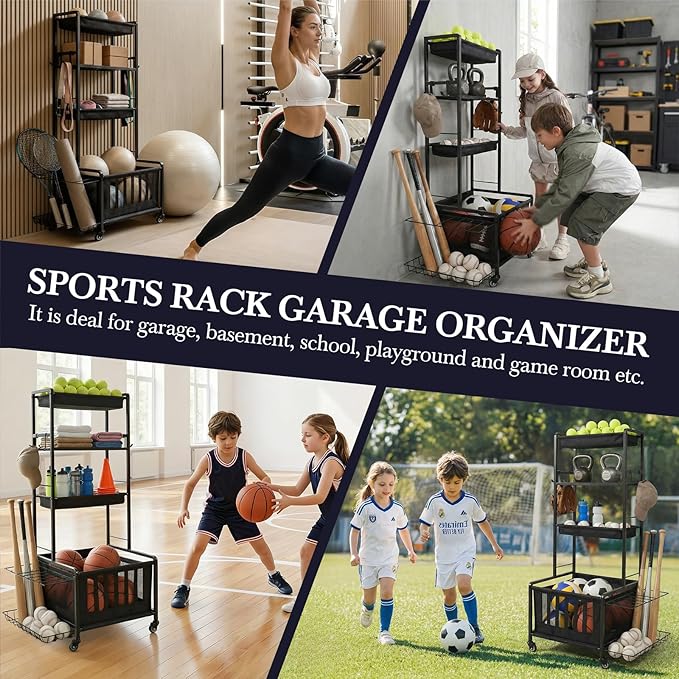 Sports Equipment Organizer, Ball Storage Rack for Garage, 4-Tier Indoor/Outdoor Rolling Ball Carts with Wheels for Toy Sports Gear Storage, Black