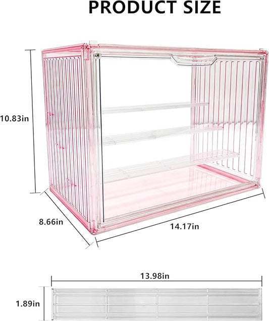 Clear Doll Display Box Compatible with Labubu - Stackable Organizer for 15-17cm Dolls & Accessories, Transparent Display Case for Collectibles, Action Figures, and Toy Clothes (Pink)