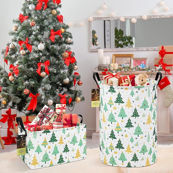 HUNRUNG Laundry Hamper,Large Canvas Fabric Lightweight Storage Basket Toy Organizer Dirty Clothes Collapsible Waterproof for College Dorms(Round-Green tree)