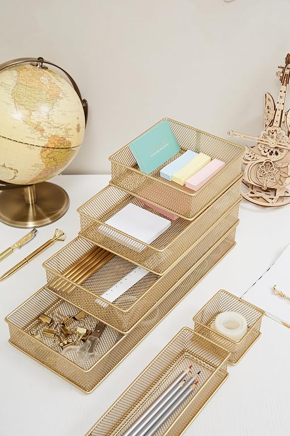 Annova Mesh Stackable Drawer Cabinet and Shelf Organizer Bins Storage Basket School Office Supply Holder Tray- Set of 2 (Gold, 3x9x2 Inch)