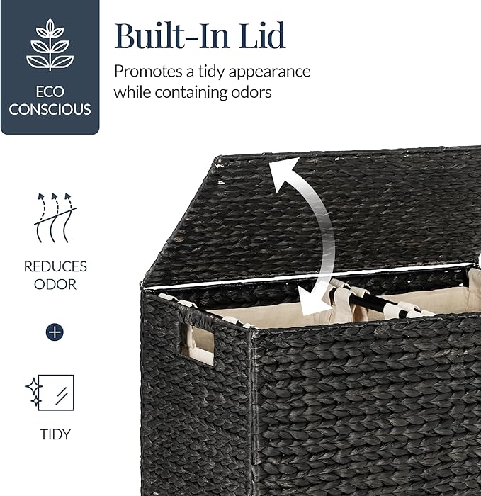 Best Choice Products Large Double Laundry Hamper with Lid, Natural Handwoven Water Hyacinth, 2 Sections w/ 2 Machine Washable Linen Liner Bags, Portable, Handles - Black