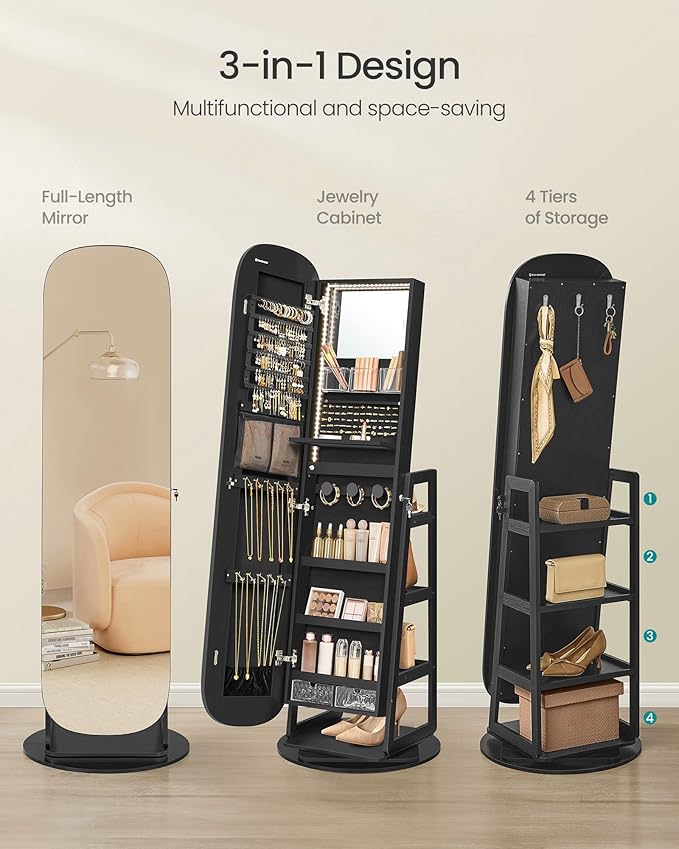 SONGMICS LED Jewelry Cabinet, 360° Swivel Jewelry Organizer, Lockable Mirror Jewelry Cabinet Standing, Rounded Wide Full-Length Mirror with Storage Shelves, Interior Mirror, Ebony Black UJJC036B01