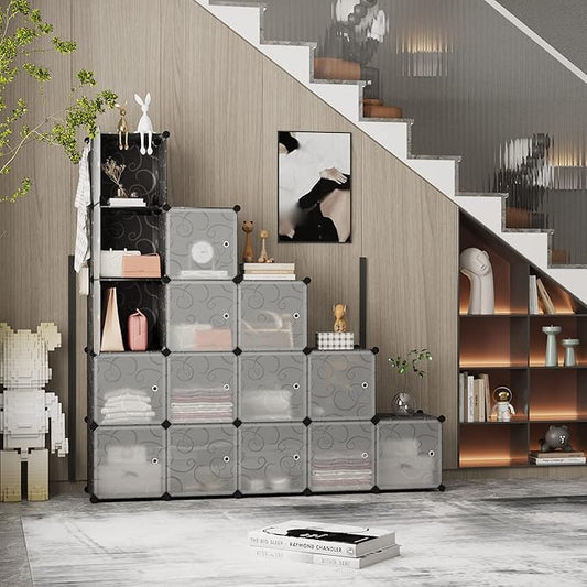 C&AHOME Cube Storage Organizer, 16-Cube Storage Shelving with Doors, Modular Book Shelf, Plastic Shelves Organizing Units, Ideal for Bedroom Living Room 48.4" L × 12.4" W × 48.4" H Black SHS3016B-DOOR
