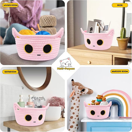 Small Storage Cat Basket, Pinks Cotton Rope Woven Basket for Nursery With Ears Toy Organizer Baskets for Gift, Cat Dog Bin Toys 8.5×4.5 inches