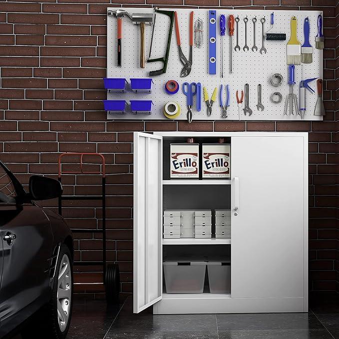 Metal Storage Cabinet, Lockable Steel Storage Cabinet with 2 Doors and Shelves, Metal Cabinet with Lock, Small Locking Cabinet for Home Office (White)