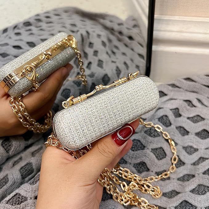 MIAO JIN Mini Crystal Lipstick Case Bling Rhinestone Cosmetic Storage bag with Metal chain Lipstick Storage Holder Makeup jewelry case(Silver)