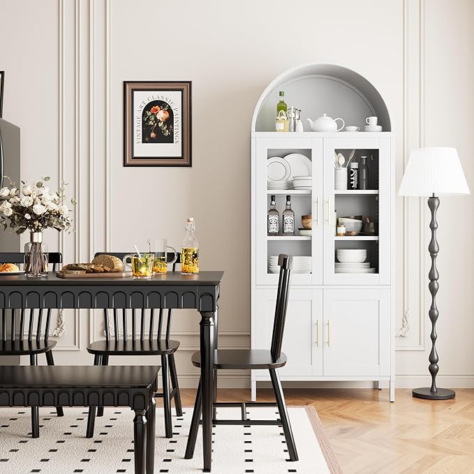 Metal Arched Pantry Cabinet with 2 Drawers,White Arched Kitchen Pantry Cabinet with Glass Door for Kitchen Home, Assemble Required,White,72.76"×30.83" W×16.10" D