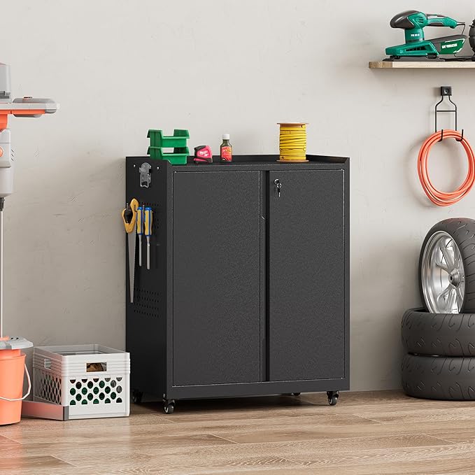 Garage Storage Cabinet with Wheels, Metal Storage Cabinets for Hanging Tools, Rolling Tool Cabinet, 34''H Heavy Duty & Rust Resistant Storage Cabinet for Garage, Warehouse, Office
