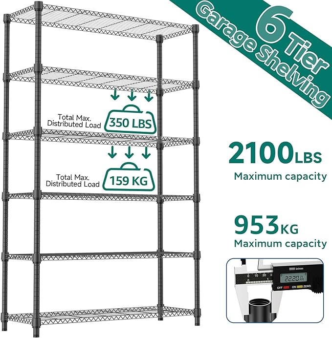 2100LBS 47.2" W 6 Tiers Shelf Storage Shelves Metal Shelving Unit Heavy Duty Garage Shelving Adjustable Wire Shelves for Pantry,Kitchen,Garage,Basement,Black 17.7" D x 47.2" W x 82.4" H