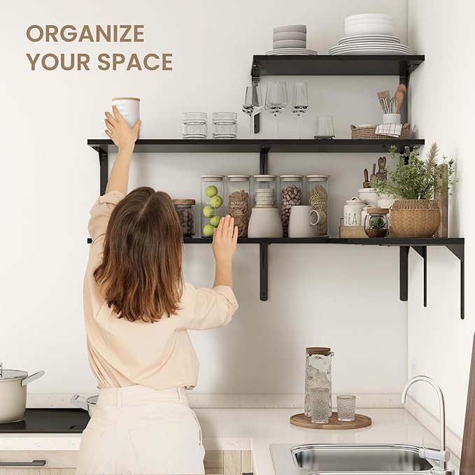 Fun Memories Floating Shelves for Wall, 12 Inch Deep Floating Shelves Set of 2, Wall Mounted Shelf with Metal Brackets, Rustic Wood Wide Shelf for Bathroom, Kitchen and Living Room, Black, 16W x 12D