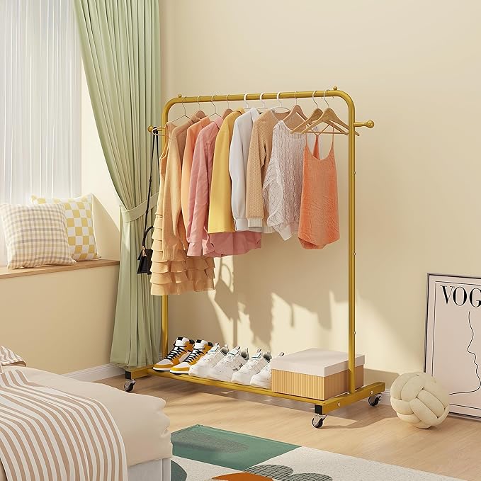 Sywhitta Clothing Rack on Wheels with Storage Shelf & Sturdy Metal Frame, Retail Clothing Rack for Hanging Clothes, Coats, Skirts,Space-Saving Mobile Organizer for Closet, Bedroom, Laundry Room, Gold