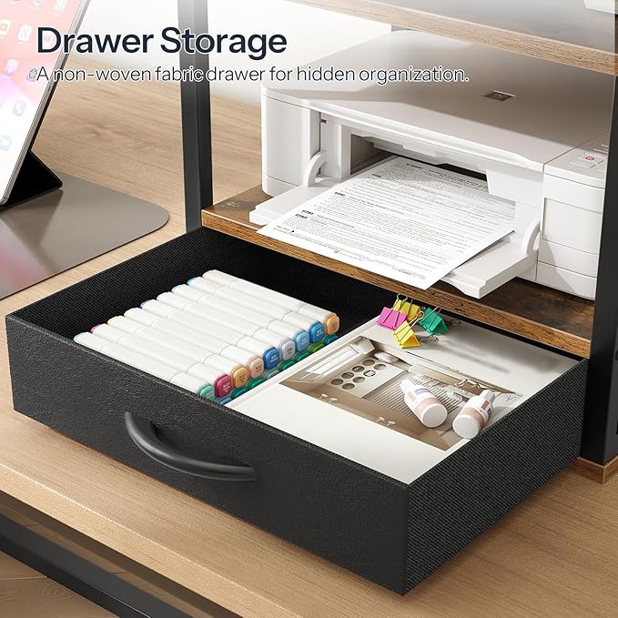 HOOBRO 2-Tier Desktop Printer Stand with Drawer, Under-Desk Printer Table with Storage Shelf, for Home Office, Kitchen, Fax Machine, Scanner, Rustic Brown BF07PS01