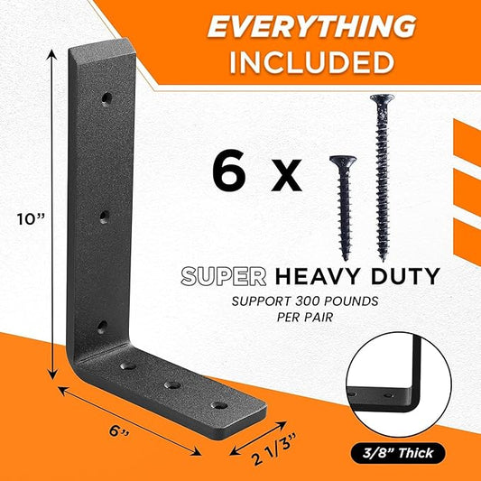 BATODA 10” Countertop Support Steel Brackets (2 PCS) for Large Granite - Heavy Duty L Floating Shelf Bracket - Black Metal Wall Mounted Support for Wood Shelving