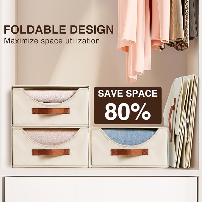 Stackable Storage Drawers - Large Collapsible Storage Bins with Drawers, 4 Pack Closet Shelf Organizer Basket, Fabric Pull Out Organizer for Bedroom, Living Room, Dorm, Light Beige