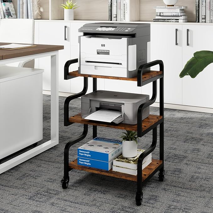 Natwind 3-Tier Printer Stand with Wheels Movable Storage Cart Floor-Standing Multi-Purpose Shelf Rack for Media Player Scanner Files Books Microwave Oven in Kitchen Living Room Home Office (Retro)
