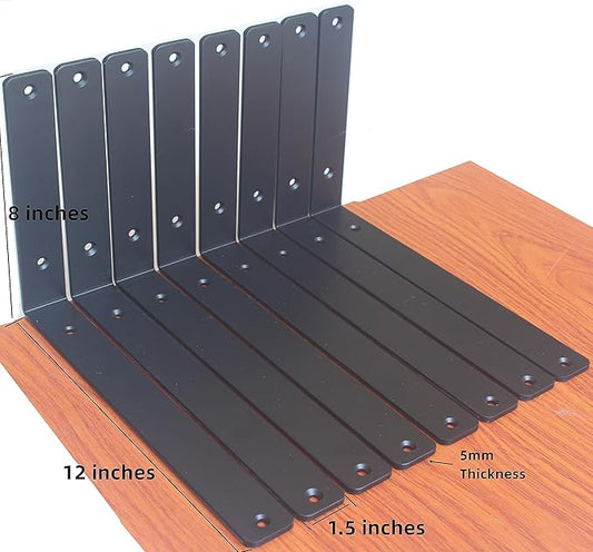 10 Pack - L 12" x H 8" x W1.5, 5mm Thick Black L Shelf Bracket, Iron Shelf Brackets, Metal Shelf Brackets, Floating Shelf, Shelf Supports with Screws