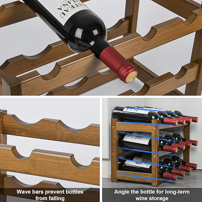 VASMIA Bamboo Wine Rack, Sturdy and Durable Wine Storage Cabinet Shelf, Wine Racks Countertop for Pantry,Kitchen,3-Tier 12 Bottles Wine Rack, Walnut