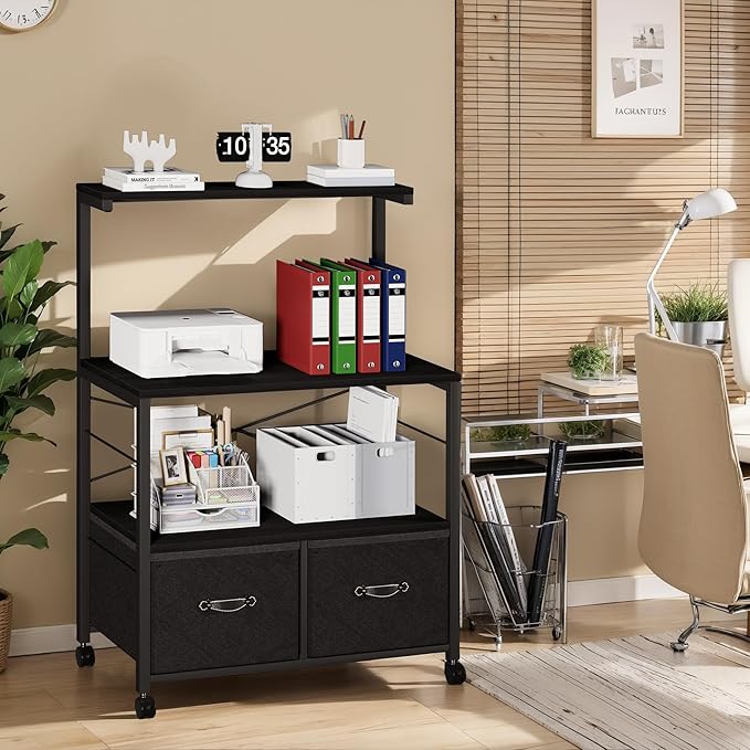 VECELO Large Printer Stand on Brakble Castors, Mobile File Cabinet with 3 Tier Shelf, 2 Drawer Lateral File-Cabinet for Filing Organization, fits Letter Size for Home Office, Black