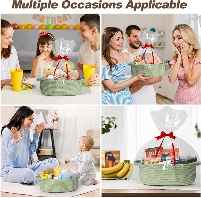 Small Baskets for Gifts Empty, 13"x 9"x 5" Woven Gift Basket with Bag and Ribbon, Cotton Rope Kids Dog Cat Toy Bin Box, Cute Baby Nursery Organizer, Decorative Storage with Handles, Green