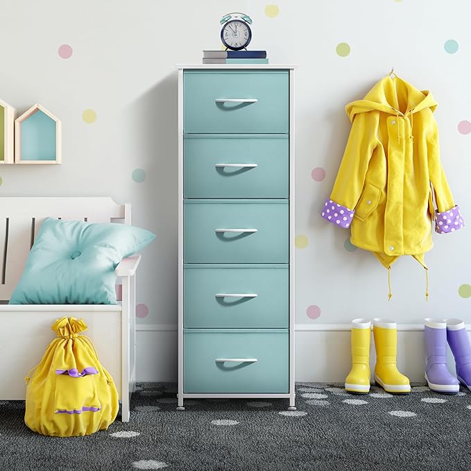 Sorbus Fabric Dresser for Kids Bedroom - Chest of 5 Drawers, Tall Storage Tower, Clothing Organizer, for Closet, for Playroom, for Nursery, Steel Frame, Fabric Bins - Wood Handle (Aqua)