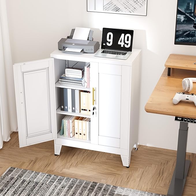 White Metal Pantry Cabinet with Lock(Two Units), Sideboard Buffet Storage Cabient with Doors and 2 Adjustable Shelves, Multifunctional Kitchen Cupboard for Home Office, Buffet Table
