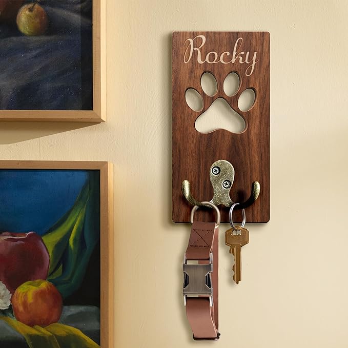 Personalized 2 Pack Dog Leash Holder for Wall Mount, Custom Name Paw Print Wooden Hook, Dog Collar and Harness Organizer, Key and Leash Holder for Entryway, Gift for Dog Lovers