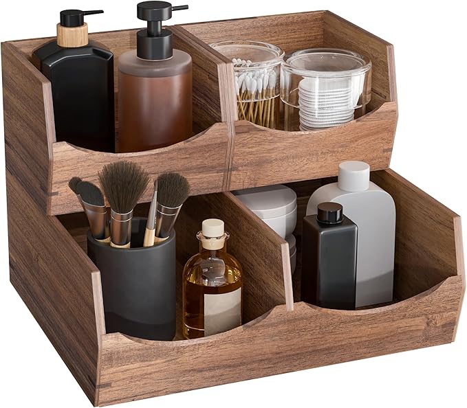 Seville Classics Premium Organizer Storage Bins for Kitchen Silverware, Pantry, Closet, Office Desk, Pens, Utensils, Makeup, K Cup, Acacia, Stackable Bin Set (3 Piece)