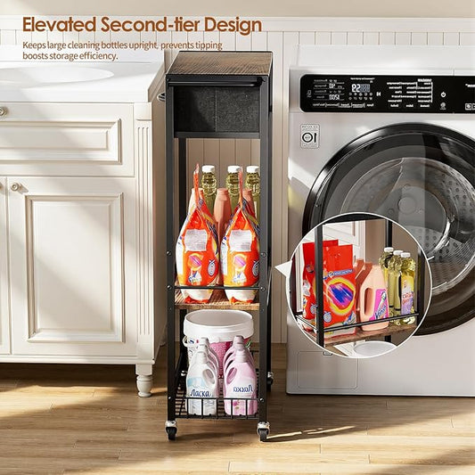 Lewondr Rolling Storage Cart with Drawers, 3-Tier Laundry Room Shelves, Sturdy Bathroom Organizer Shelf with Wood Top, Rolling Drawer Cart with Handle and Wheels for Kitchen, Office, Classroom, Black