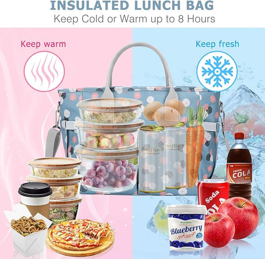 KIPBELIF Cute&Classy Roomy Insulated Lunch Bags for Women - Stylish & Functional Large Tote Adult Lunch Box for Working & Picnic(Extra Large,Light Blue Plum)