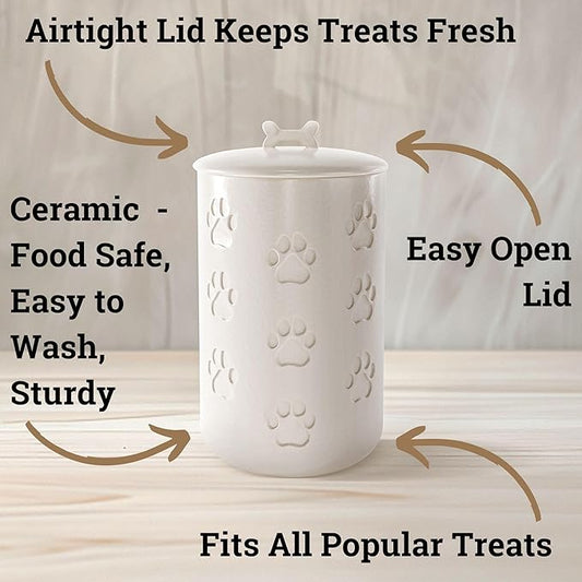 Dog Treat Container Airtight - 5 Inch Wide x 9 Inch Tall Ceramic Dog Treat Jar for Kitchen Counter with Airtight Lid - 7 Cup Capacity Pet Treat Container - Cute Doggie Cookie Jar - Big Treats Canister