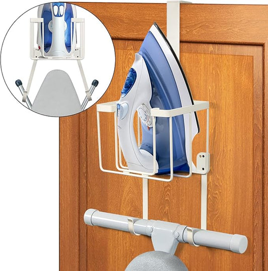 ORLESS Over The Door/Wall Mount Ironing Board Hanger, Laundry Room Iron and Ironing Caddy Board Storage Holder White