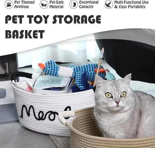 Sea Team Cat Toy Storage Basket with Handles, 16.5 x 11 x 7 Inches, 4.4 Gallons Large Cotton Rope Storage Bin, Shelf Basket, Organizer for Pet Chew Toys, Foods, White Meow