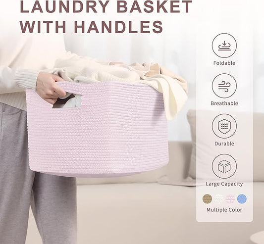 45L Small Baby Girls Laundry Basket for Nursery Storage,Cute Woven cotton Rope Baskets for Kids Toy,Gifts, Boho Square Wicker Blanket hamper for Living Room,Bedroom Dirty Clothes,Pink