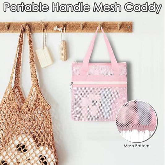 Mesh Shower Caddy Portable Shower Bag for Travel, Gym, Camping – Quick-Dry Hanging Toiletry Organizer with Zipper Pockets for Bathroom Essentials,Pink