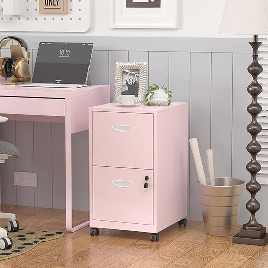 2 Drawer File Cabinet with Lock,Pink Rolling File Cabinet for Home Office, Metal Small Mobile Filing Cabinets on Wheels for Hanging Letter